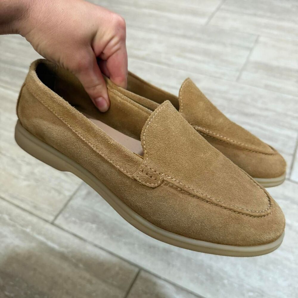 Tahiri Tan Suede Leather Loafers Slip On minimalist classic preppy Shoes Sz 7